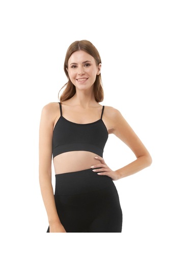 Siyah İp Askılı Çıkarılabilir Kaplı Seamless Kadın Crop Atlet Siyah