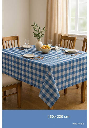 Mira Home Kareli Masa Örtüsü Sofra Bezi 160x220 Cm Rustik Mavi