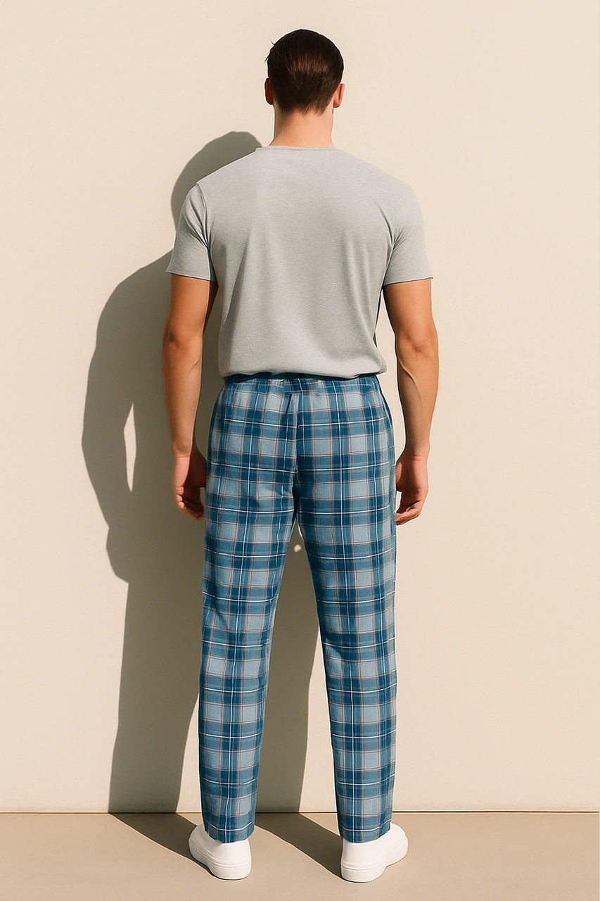 Erkek %100 Pamuk Cepli Ekose Pijama Altı Mavi Mavi Ekose