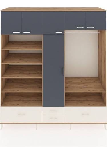 Kronos Dolap 18 Raflı 4 Çekmeceli Tek Askılı 220x59x243 Çam-antrasit/aytaşı Antrasıt/aytası