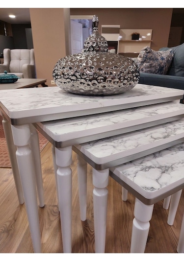 Akset 4lü Lüx Zigon Sehpa Beyaz Mermer Gümüş