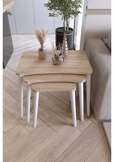 Zuesse Dizayn Beyza 3lü Zigon Sehpa & Yan Sehpa Beyaz Ahşap Ayaklı Salon Seti Çay Sehpası - Sonomo