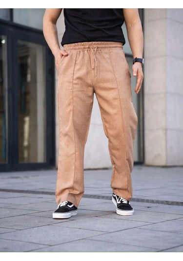 Erkek Keten Cepli Çıma Dikişli Jogger Buggy Pantalon Rahat Kalıp - Kahverengi Kahverengi