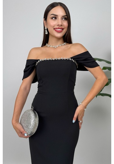 Valentia Madonna Yaka Taş İşlemeli Kalem Siyah Abiye Elbise, Zarif Davet Elbisesi Siyah