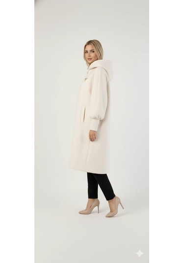 Kadın Gri Kapüşonlu Balon Kol Fermuarlı Kaban Oversize Midi Boy Kışlık Kaşe Mont Bej