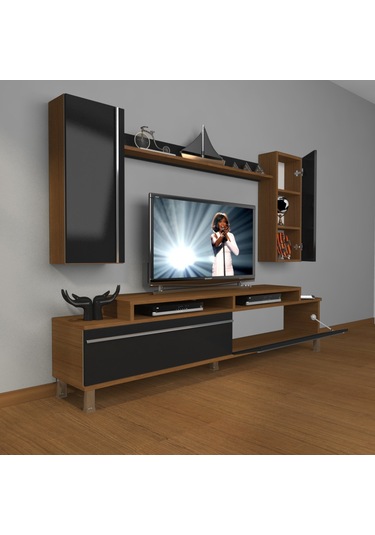 Decoraktiv Ekoflex 7 Mdf Krom Ayaklı Tv Ünitesi Tv Sehpası Ceviz - Siyah