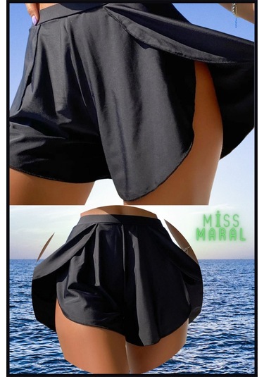 Kadın Beyaz Deniz Havuz Şortu Etek Görünümlü Yırtmaçlı Şık Model İçte Bikini Slip 1108 Siyah