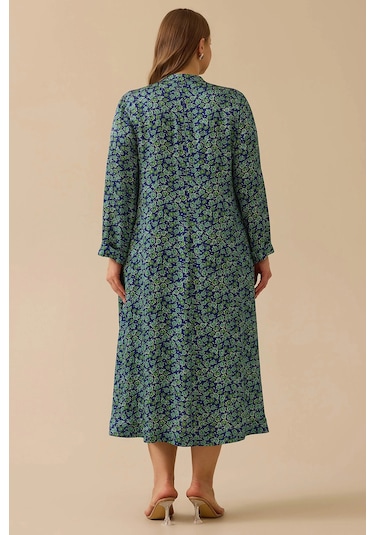 Galaxi Kadın Büyük Beden Düğmeli Çiçek Desenli Uzun Elbise 4001 Yeşil Yeşil