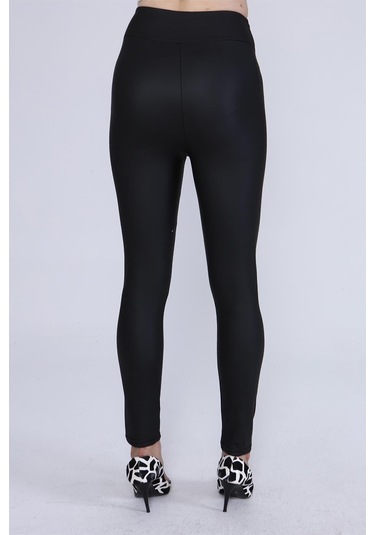 Siyah Yüksek Bel Toparlayıcı Şardonlu Mat Deri Tayt SiYAH