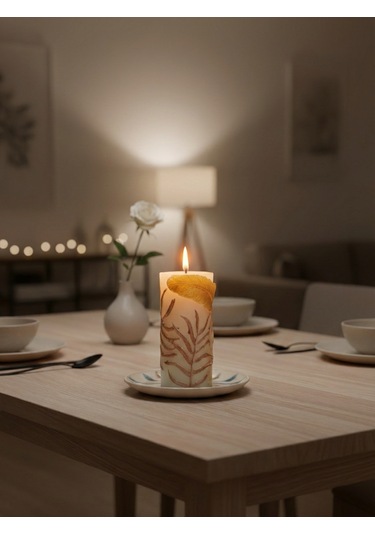 Tüy Kabartmalı Silindir Mum 14cm Altın - Beyaz