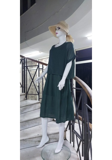 İtalyan Müslin Keteni Üstü File Bluzlu Astarlı Tek Parça Elbise Zümrüt Yeşili