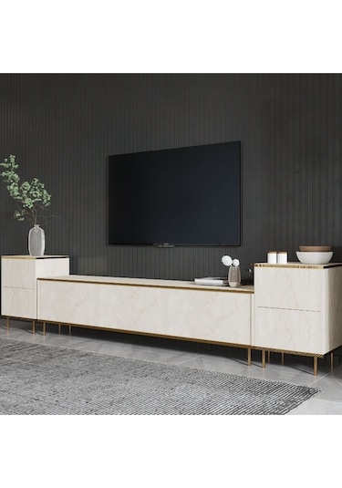 İmaj Tv Ünitesi Ve Komodin Set Traverten/gold, Oturma Odası Set, Tv Sehpası - Traverten Traverten