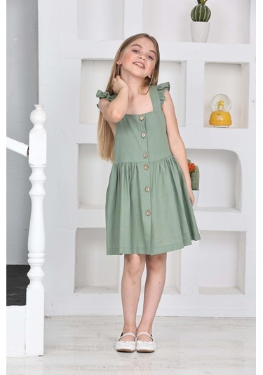 Kız Çocuk %100 Pamuk Keten Elbise 12197 Çağla Yeşili