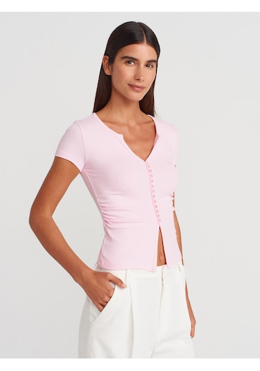 Dilvin 31838 Düğmeli Kısa Kollu Top-açık Pembe Açık Pembe