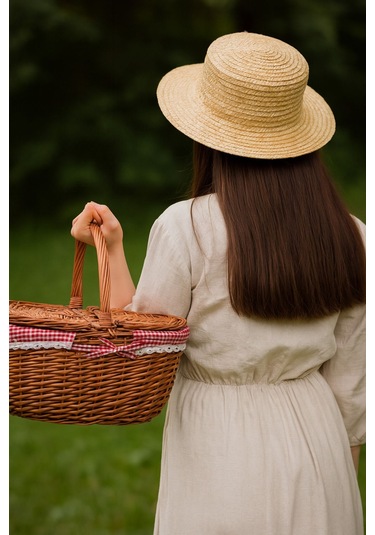 Kırmızı Ekoseli Kapaklı Piknik Sepeti 40x30x19 Cm Hasır Görünümlü Termoform Sepet Kahverengi