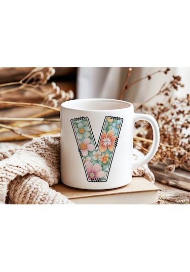 V Harfli Pastel Çiçek Desenli Kahve Kupası - Kişiye Özel Çiçekler Koleksiyonu Bardak - Hediye Beyaz