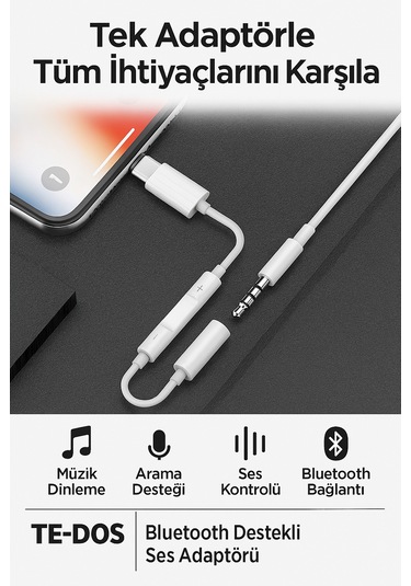 İphone İpad 8 Pin Lightning Aux Çevirici - 3.5 Mm Kablodan Kontrollü Jack Kulaklık Adaptörü 1 Adet
