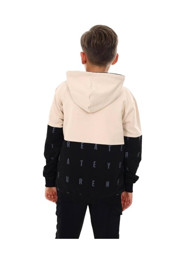 Erkek Çocuk Kapüşonlu Moving Forward Yazılı Harf Desenli Sweatshirt-13385-camel Camel