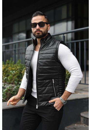 Basic Slim Fit Deri Yelek Siyah