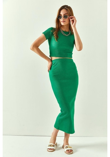 Kadın Mint Yeşili Yazlık Yırtmaçlı Esnek Etek Crop Takım