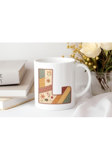 L Harfi Sonbahar Kış Temalı Yamalı Tasarım Kupa Bardak - Etnik Ve Pathwork Severlere Özel Hediye Beyaz