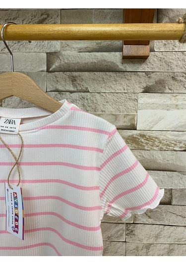 Aysbebe Çizgili Kız Tişört Pembe 1494