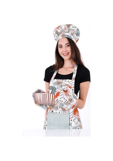 Tulipa 5li Set Şapkalı Mutfak Önlüğü Seti Mutfak Önlüğü Şapka Eldiven Tutacak Turkuaz