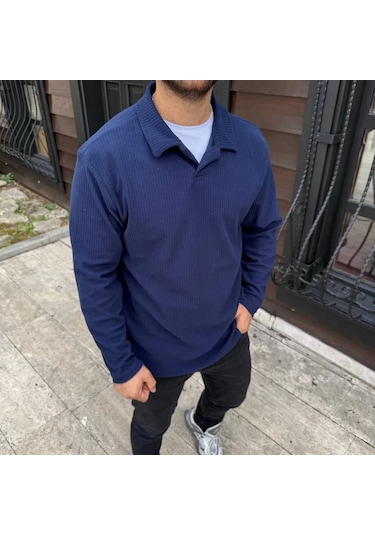 Erkek Fitilli Polar Sweatshirt Düğmesiz Polo Yaka, Oversize Rahat Kalıp, Kalın Polar Kumaş, Kışlık Lacivert