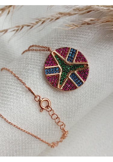 Gümüş Yeşil Mavi Pembe Zirkon Taş Barış Peace Madalyon Kolye