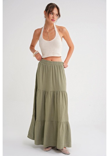 4567 Kadın Fırfırlı Uzun Müslin Etek Çağla Çağla Yeşili