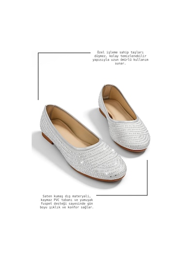 Günlük Altın Kadın Babet Oval Burun Gümüş Taşlı Saten Ortopedik Hafif Ev İş Ofis Ayakkabı 38 Gümüş