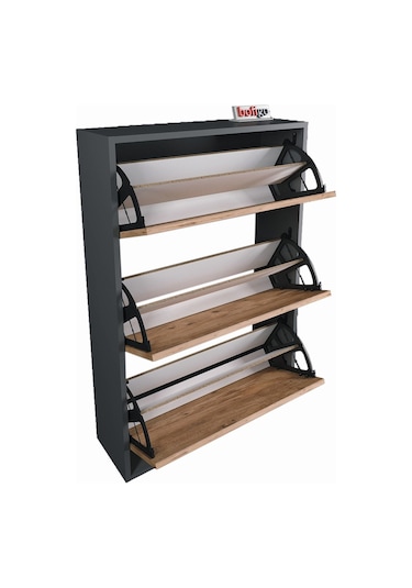Bofigo Düşer Kapak Ayakkabılık Kayar Raflı Ayakkabılık 3 Bölmeli Ayakkabılık Melek Antrasit-Çam