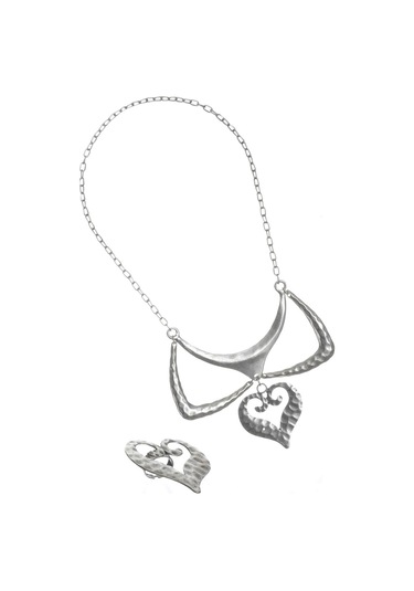 Labalaba Kadın Antik Gümüş Kaplama Kalp Charm Detaylı Tasarım Kolye & Yüzük Seti Gümüş