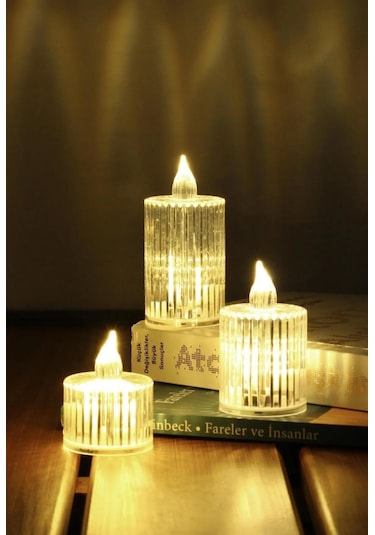 3lü Kristal Desenli Led Mum Seti Pilli Dumansız Alevli Ledli Dekoratif Yapay Mum Beyaz
