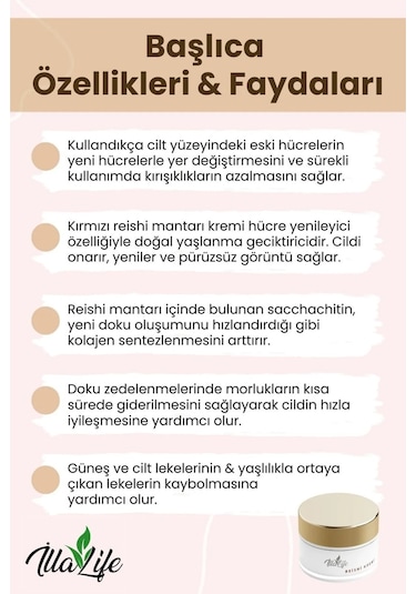 İlla Life Reishi Mantarı Özlü Yaşlanma ve Kırışıklık Karşıtı Cilt Bakım Kremi 50 ML