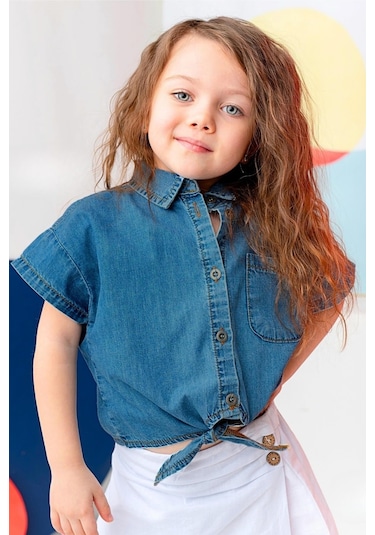 Kız Çocuk Denim Kısa Gömlek - İndigo İndigo