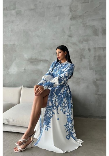 Dipmoda Kadın Kemerli Uzun Desenli Gömlek Elbise Dpms4220 Mavi