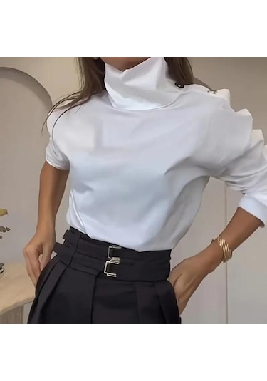 Kadın Gömlek Düğme Eklemeli Balıkçı Yaka Uzun Kollu Rahat Bol Kesim Gömlek Düz Yeşil