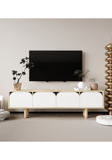 Lazio Bohem Ahşap Ayaklı Tv Ünitesi Tv Sehpası Safir Meşe-beyaz