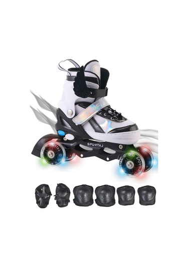 Melek Kanatlı Işıklı Çocuk Pateni Ve Dizlik Seti Silikon Teker Ayarlanabilir Paten Çantalı Siyah Siyah