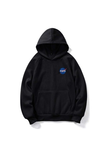 Nasa Logo Sweatshirt - Siyah Baskılı Oversize Kışlık Kalın Kapüşonlu Siyah