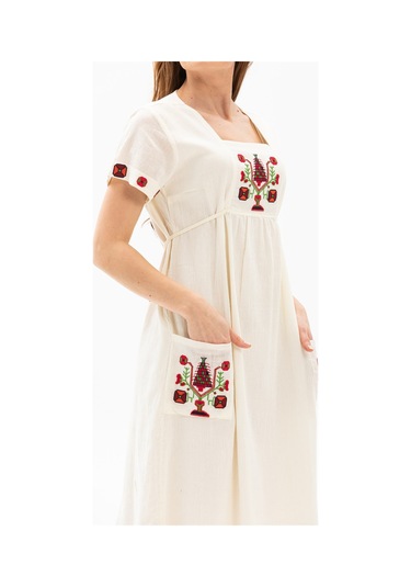 Kısa Kol Şile Bezi Melek Midi Boy Elbise Krem Krm