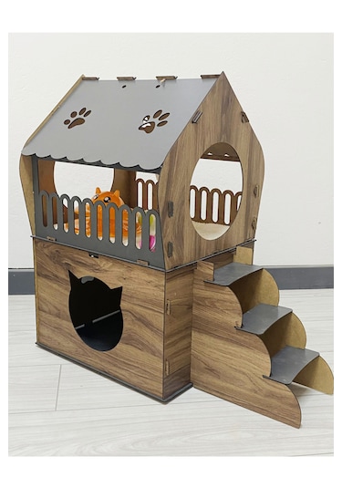 Missidea Dekoratif Teraslı Kedi Evi Ve Mama Kabı Seti