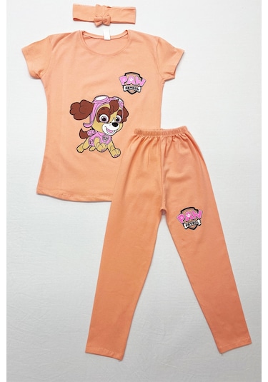 Kız Çocuk Taytlı Takım Saç Bandı Hediyeli Baskılı C64 Somon