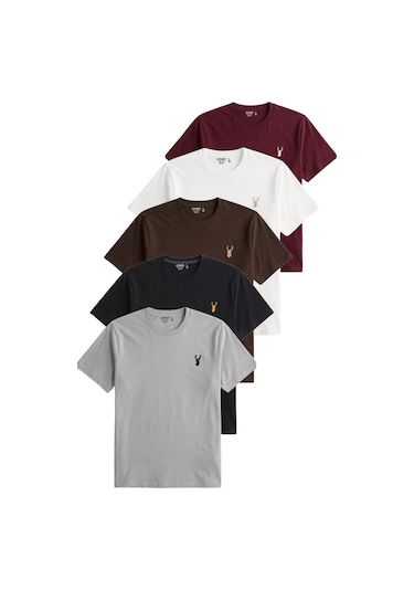 Genius Store Erkek 5'li Tişört %100 Pamuk Süprem Rahat Kalıp Basic Tişört Bisiklet Yaka Nakışlı T-shirt Erkek-5li Boro-gri-kahverengi-siyah-beyaz