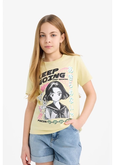 DeFacto Kız Çocuk Bisiklet Yaka Anime Baskılı Kısa Kollu Tişört E0350A825SMGN654 Yeşil