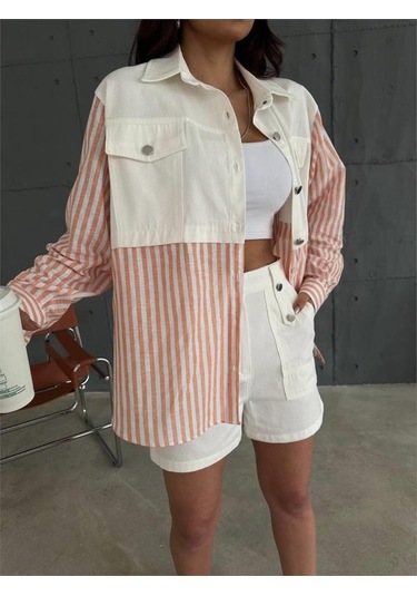 Gabardin Şort - Gabardin - Çizgili Keten Garnili Ceket Takım - Orange Orange