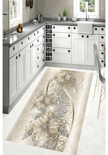 Makinede Yıkanabilir Leke Tutmaz Dijital Baskı Pvc Kaymaz Çiçek Desenli Mutfak Halısı Çok Renkli