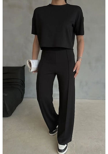 Modal Kumaş Yüksek Bel Pantolon Crop & Pantolon Takım Siyah