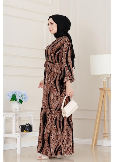 Sevitli Leopar Desenli Beli Tünelli Viscon Elbise-siyah-5086 Siyah